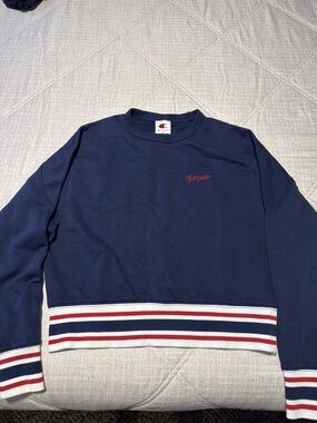Champion Navy Crewneck Sweater with Red & White Stripe Trim